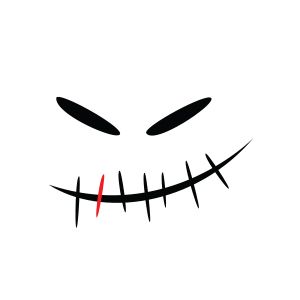A drawing of a scary face with stitches in it.