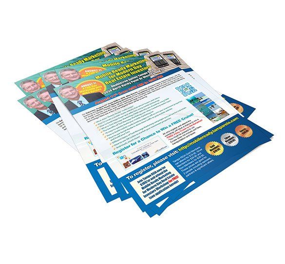 Stack of brochures with a man's face, promoting a seminar, blue and green color scheme.