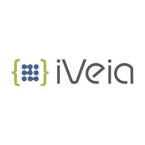 The logo for iveia is a green and blue logo with dots and brackets.