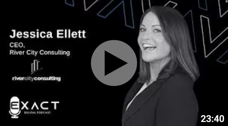 Jessica Ellett in a black-and-white podcast thumbnail, smiling beside a play button and Exact logo.