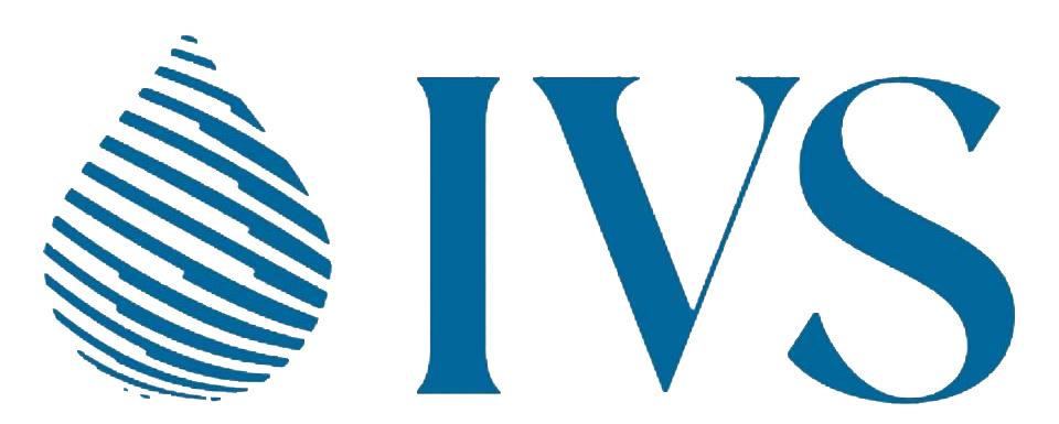 A blue logo for ivs with a globe in the middle