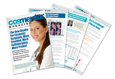 Cosmentor Magazine and printouts. Magazine cover features smiling woman in white coat. Articles show webpage layouts.