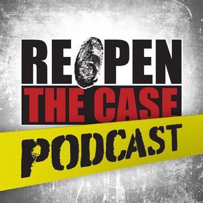 A logo for a podcast called reopen the case