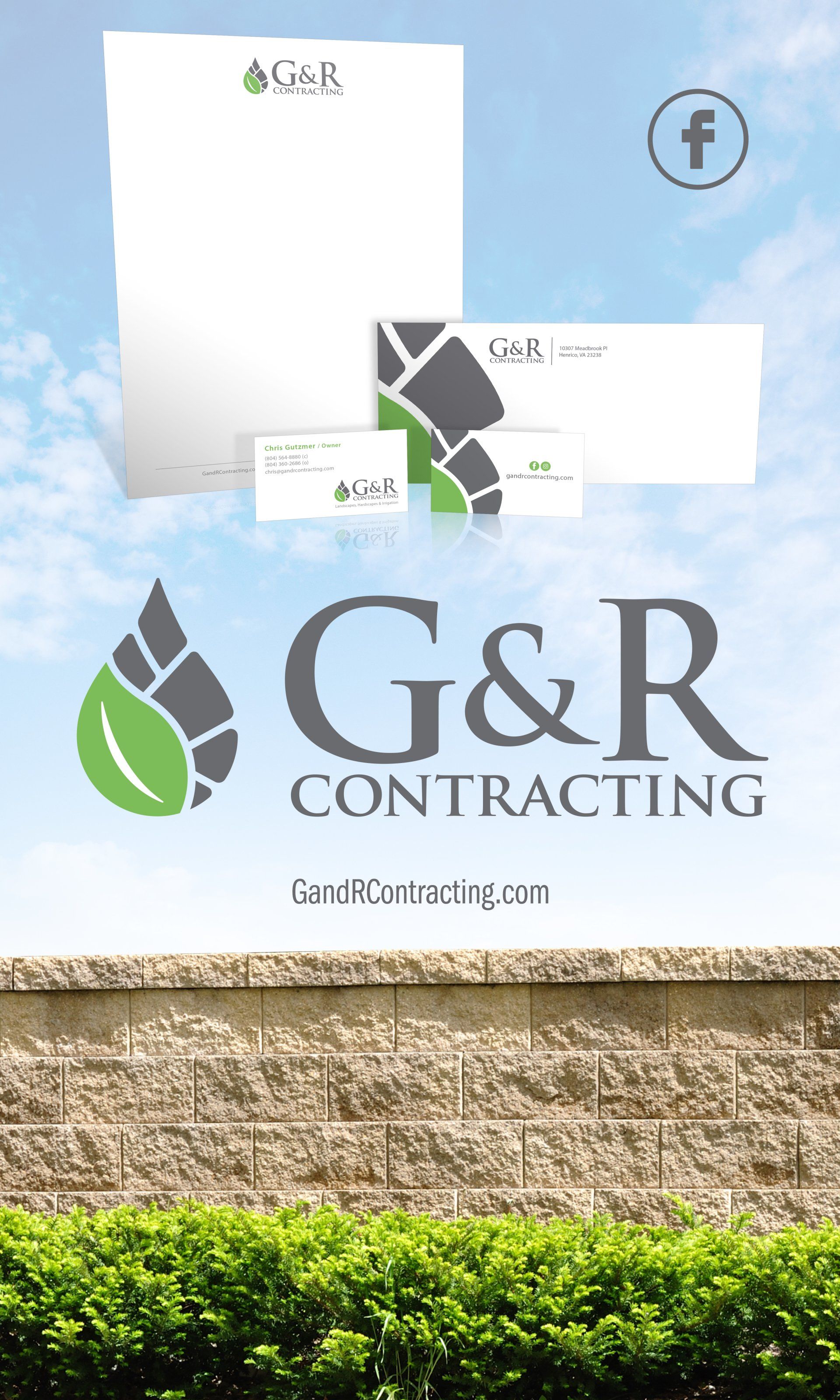 The logo for g & r contracting is on a brick wall.