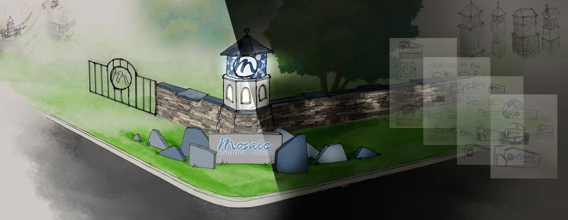 Mosaic by hhhunt entry signage day time night time