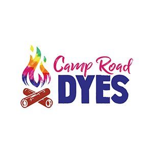 A logo for camp road dyes with a colorful fire and logs.
