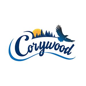 A logo for corywood with a bird flying over it