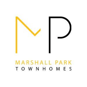 The logo for marshall park townhomes is yellow and black.