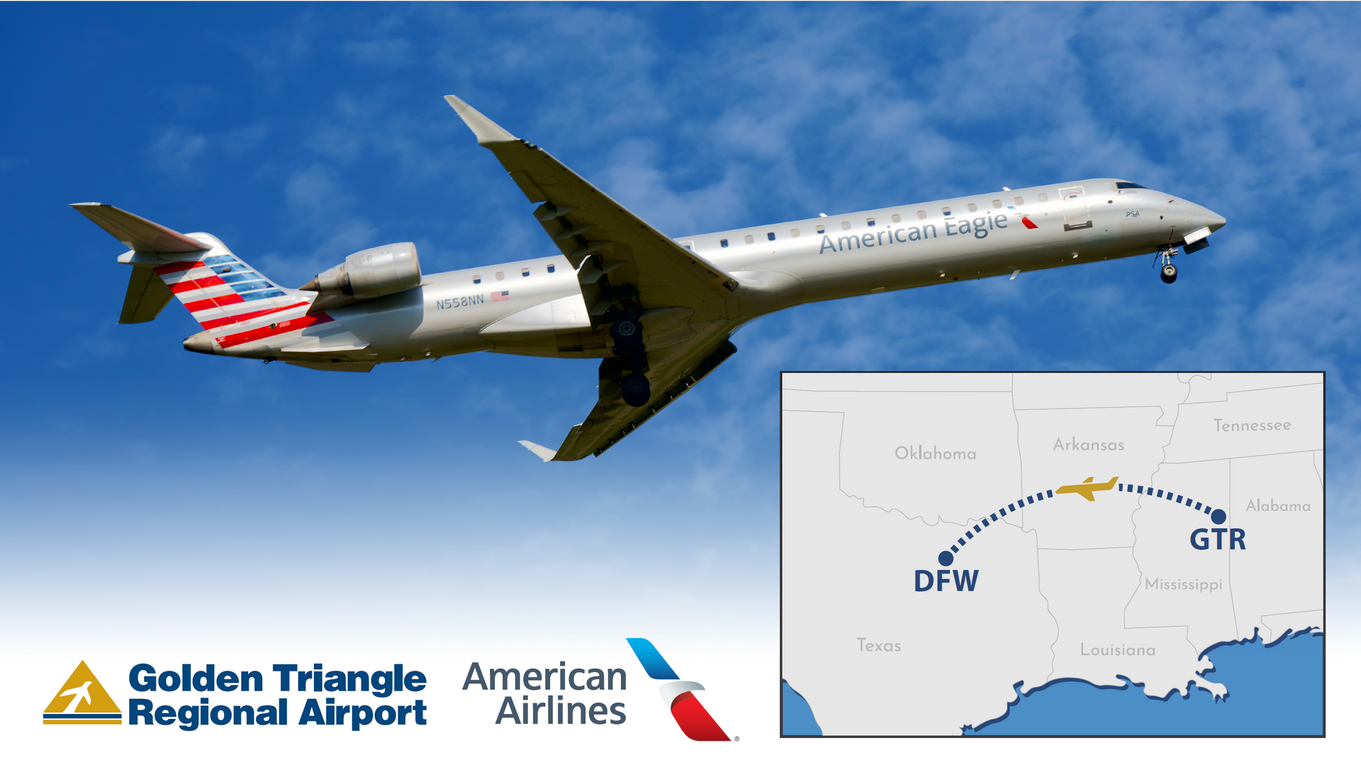 An american airlines plane is flying over golden triangle regional airport