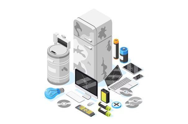 Isometric view of various discarded electronic appliances and waste materials, representing electronic waste.