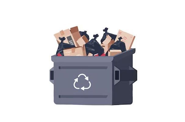 A gray dumpster overflowing with black trash bags and cardboard boxes. Recycling symbol on the front.