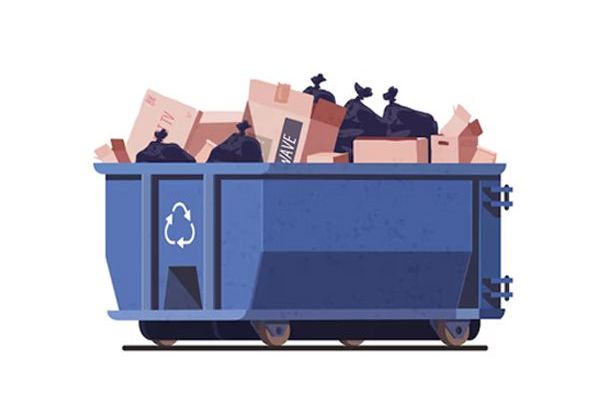 Blue dumpster overflowing with cardboard boxes and garbage bags.