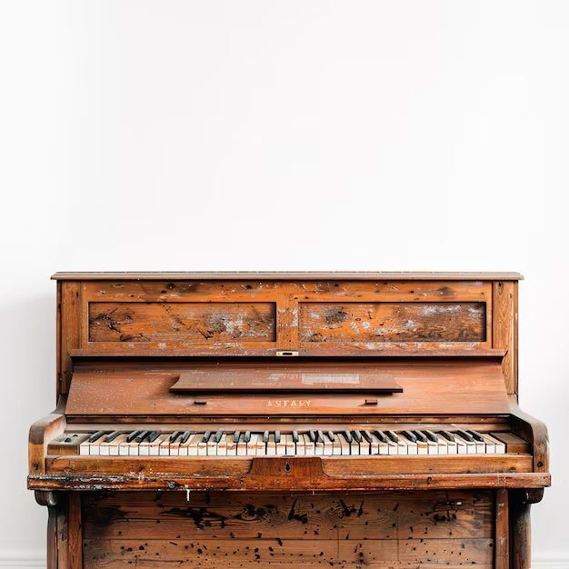 Old, weathered upright piano with worn keys and wood against a white wall.