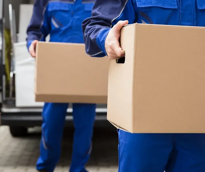 Two people in blue coveralls carrying cardboard boxes near a van.