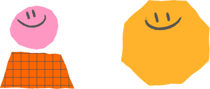 Two smiling shapes: pink circle over orange grid, yellow octagon.