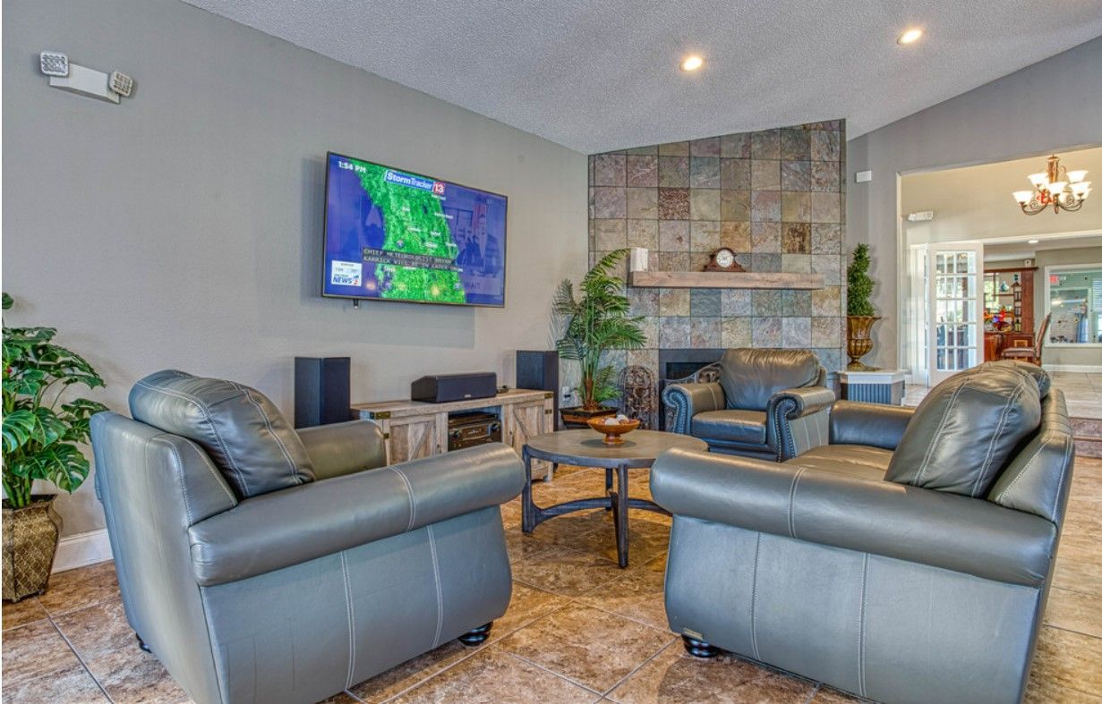 Living room with gray leather chairs, fireplace, TV, and potted plants.