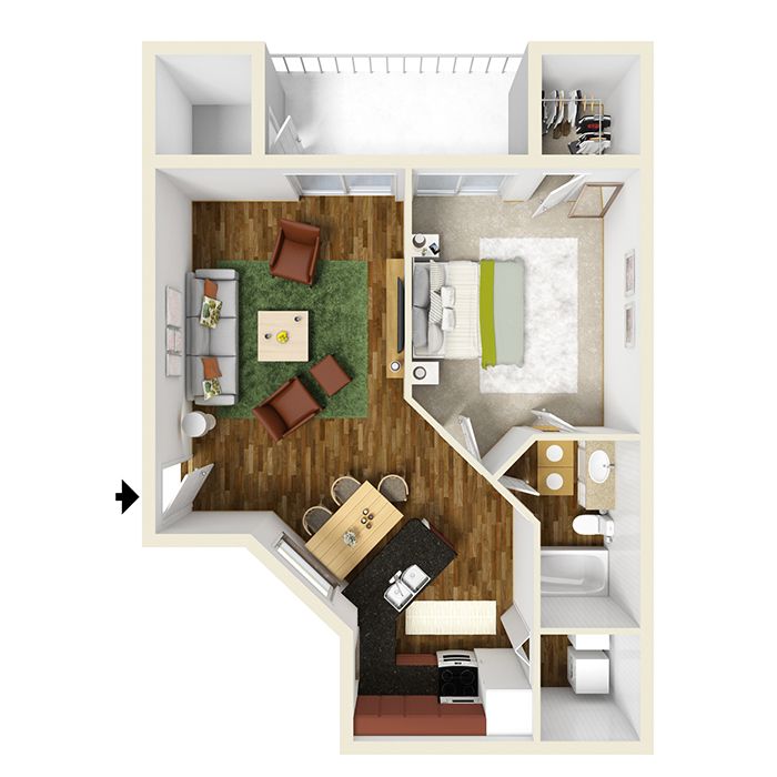 Floor plan of an apartment: living room, dining area, bedroom, bathroom, kitchen, balcony, and storage. Brown and green decor.