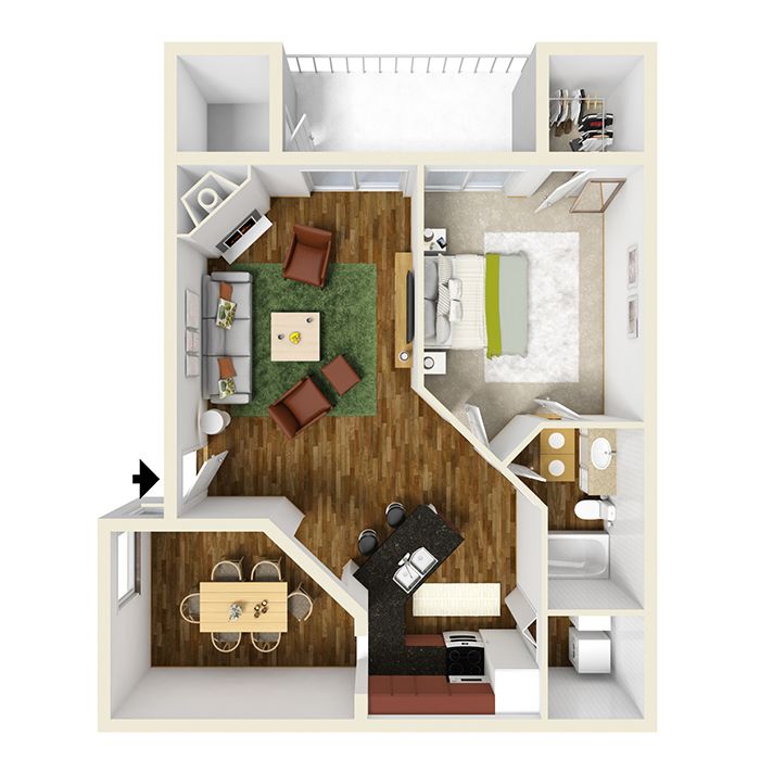 Floor plan of a one-bedroom apartment with a living room, dining area, kitchen, bathroom, and closet.