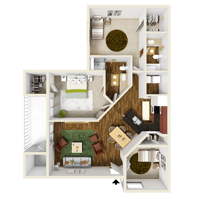 Floor plan rendering of a two-bedroom apartment.