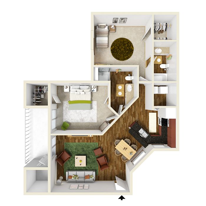 Floor plan of an apartment with a bedroom, living room, dining area, kitchen, and bathroom.