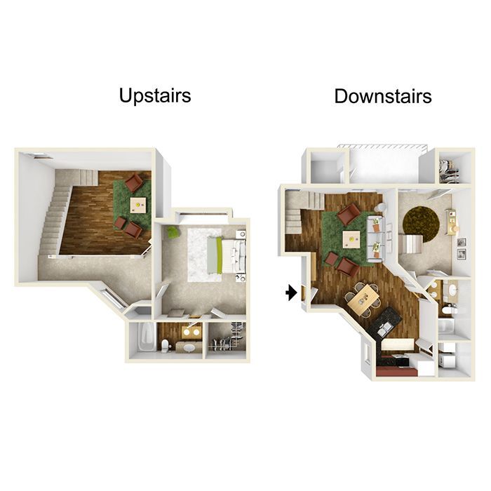 Floor plan showing upstairs and downstairs layouts of a two-story apartment.
