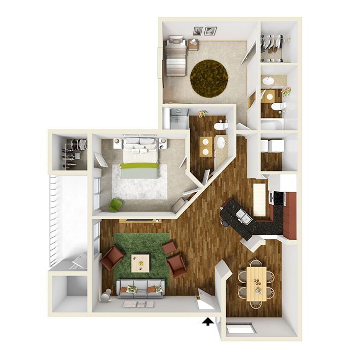 Floor plan of a one-bedroom apartment with a living room, dining area, kitchen, bedroom, and bathroom.