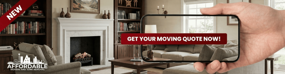 Hand holding a phone displaying a living room scene with 