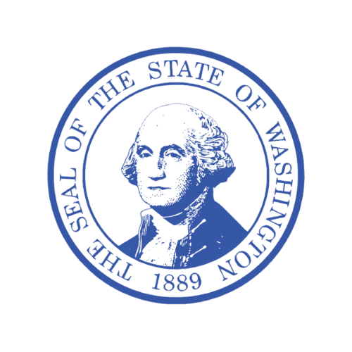 Seal of the State of Washington, featuring a portrait of George Washington within a blue circular border.