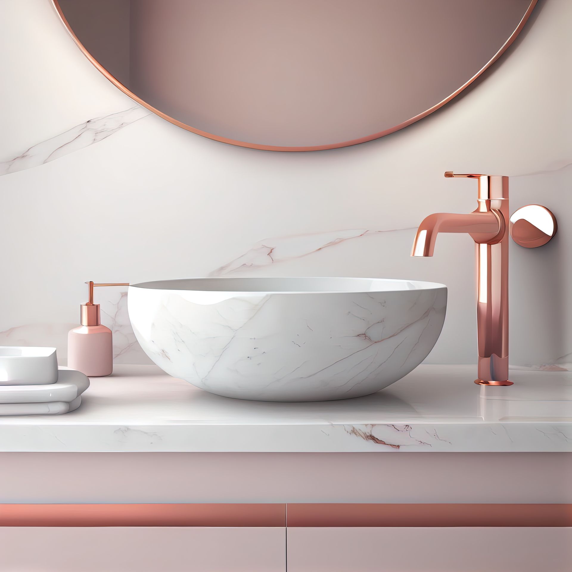 A bathroom with a marble sink and a round mirror