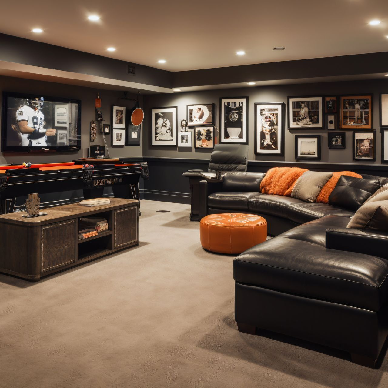 A living room with a couch and ottoman and a flat screen tv