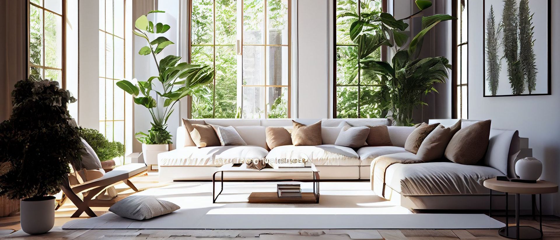 A living room with a couch , coffee table , chair and lots of windows.