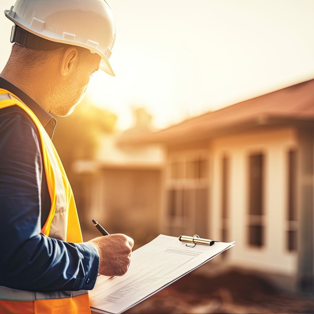 A construction worker is writing on a clipboard in front of a house.