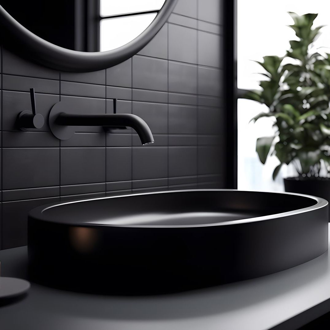 A bathroom with black tiles and a black sink