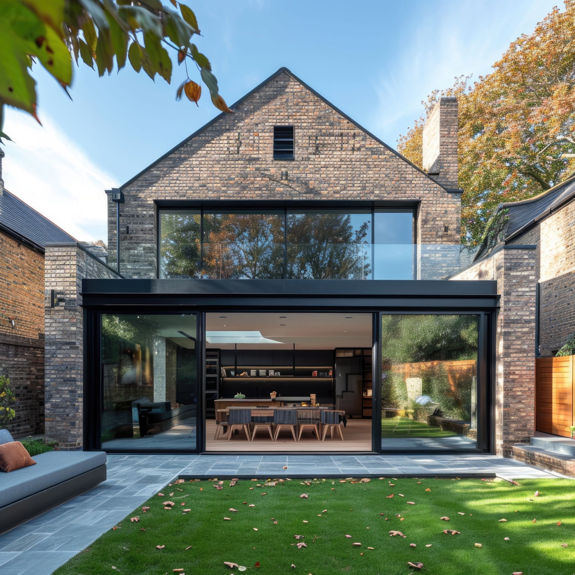 A brick house with a large sliding glass door