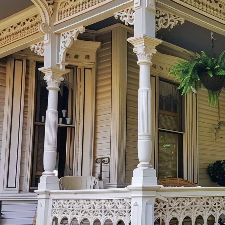 A porch with white columns and a hanging potted plant