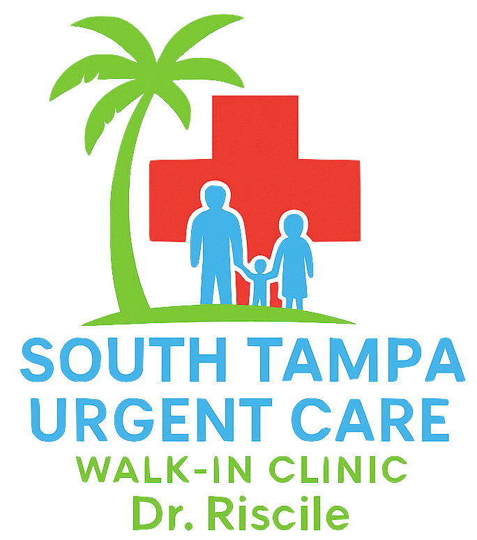 Logo: South Tampa Urgent Care. Palm tree, red cross, family figures.