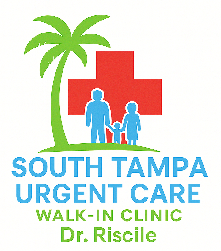 Logo for South Tampa Urgent Care. Includes a red cross, palm tree, family silhouette, and clinic name.