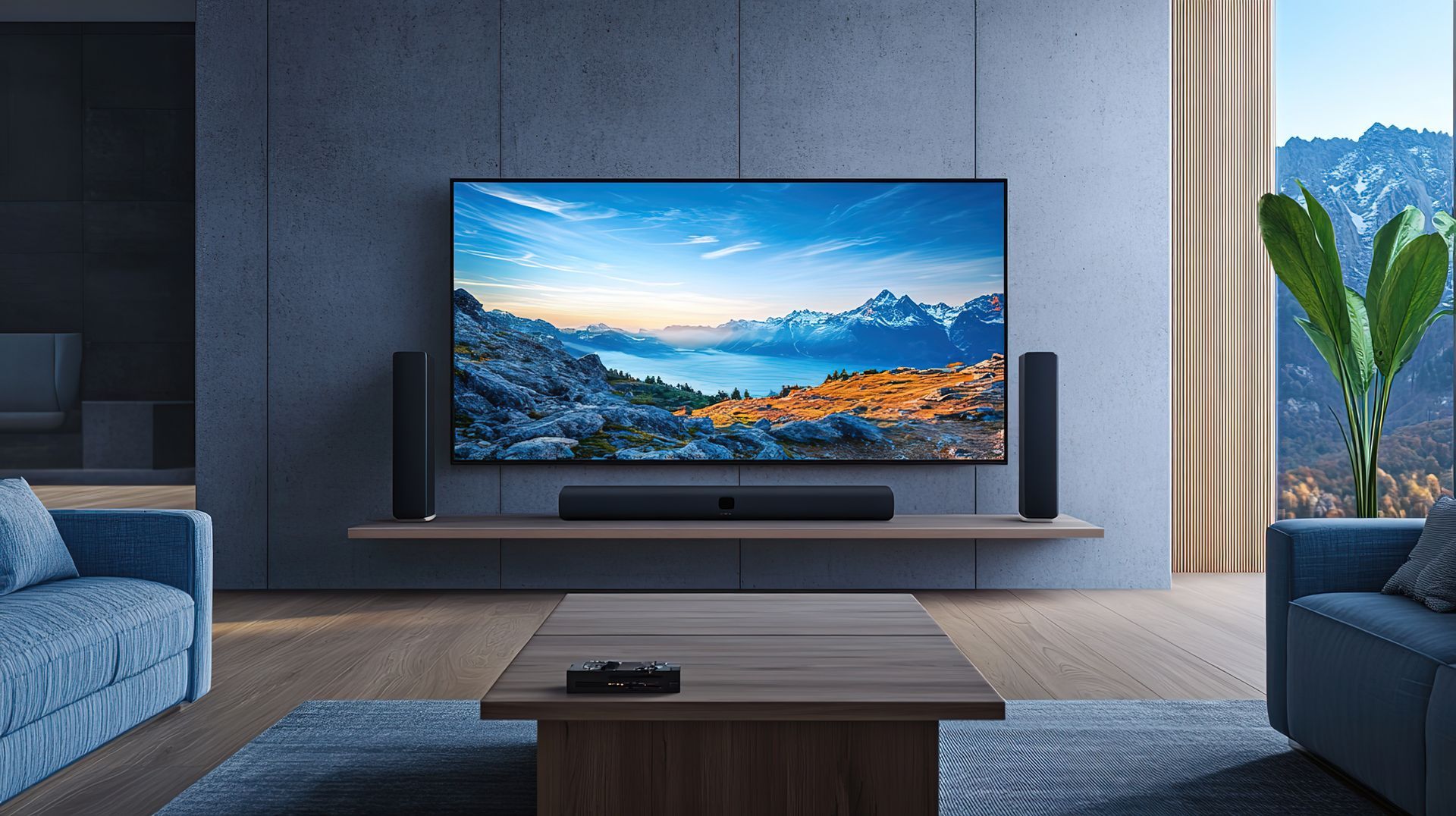 Living room with large TV, sound bar, and speakers, overlooking scenic mountain view.