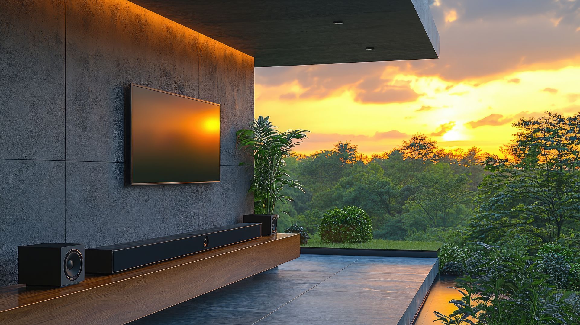 Outdoor entertainment area with TV, soundbar, and sunset view over trees.