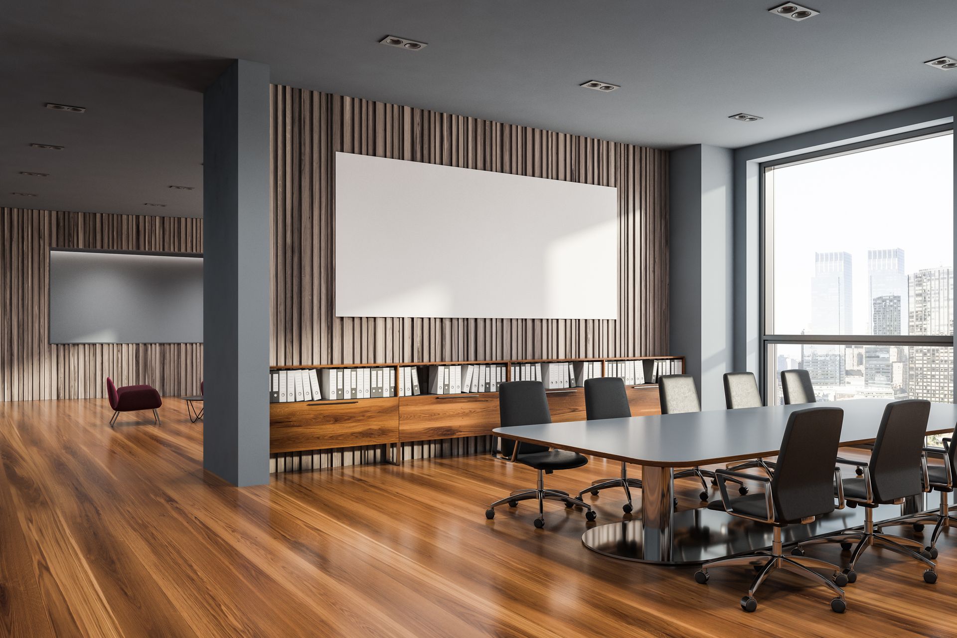Conference room with large table, chairs, whiteboard, wood paneling, and city view.
