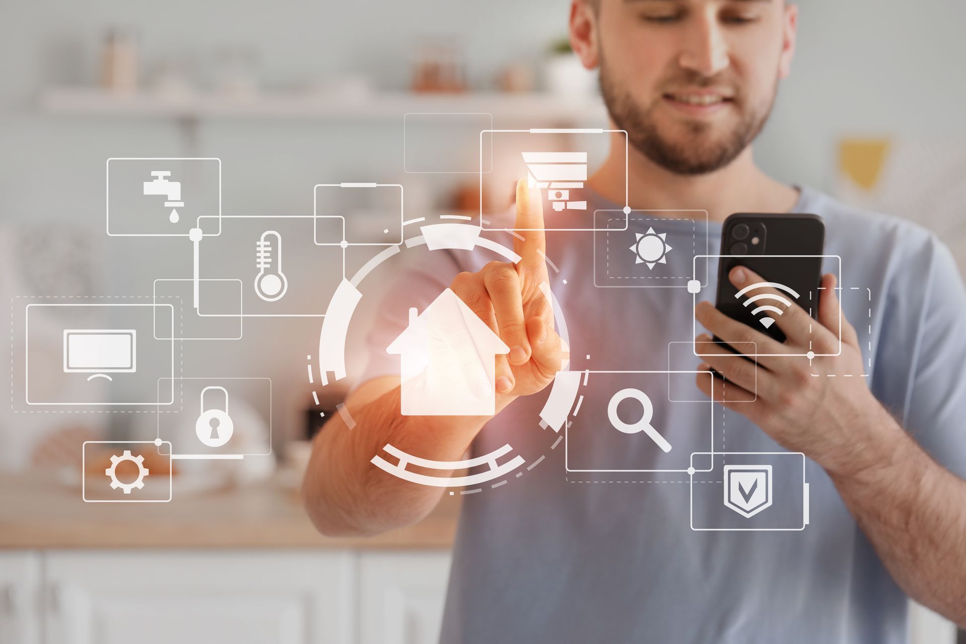 Man interacting with smart home control interface on phone and in air.