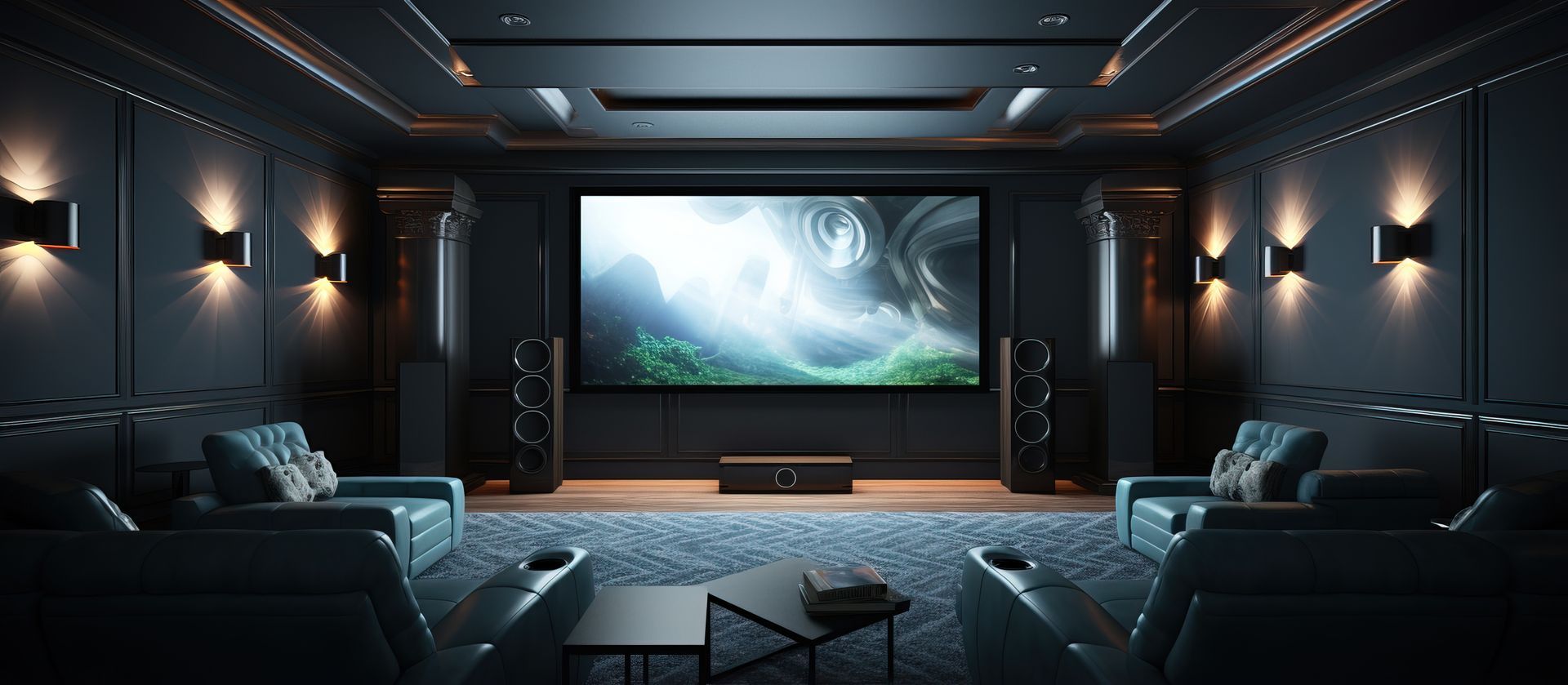 Luxurious home theater with blue seating, large screen, and ambient lighting.