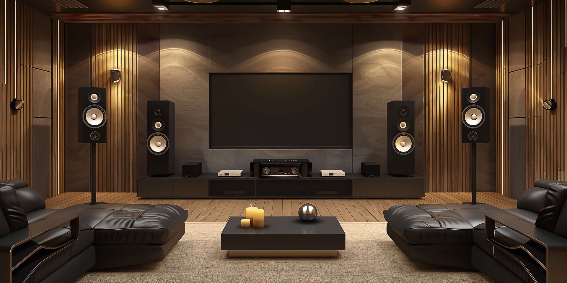 Home theater with large screen, speakers, and leather sofas in a dark, modern space.