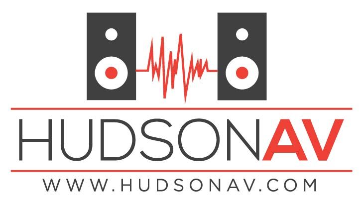 Logo: Two gray speakers with red circles and a red sound wave; 