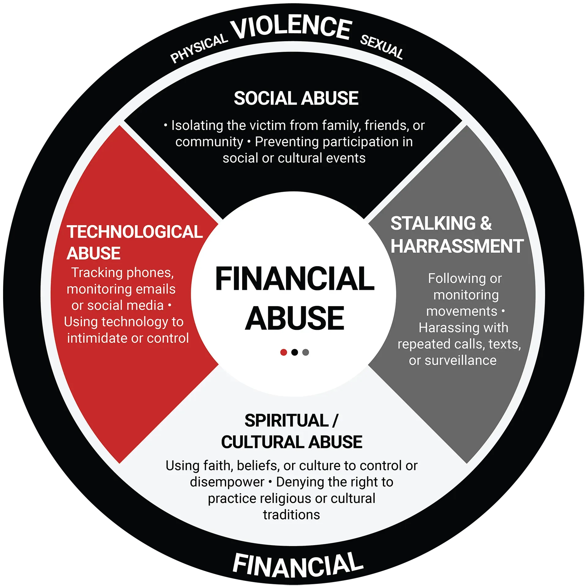 Diagram illustrating various forms of abuse: physical, social, technological, stalking, spiritual/cultural, and financial.