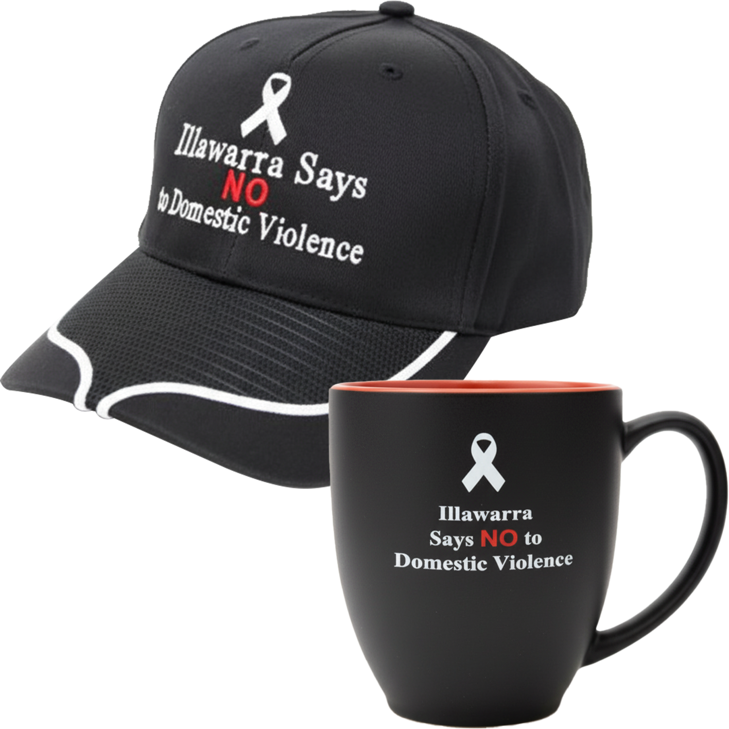 Black cap and mug with white ribbon and text