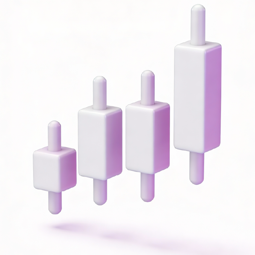 White and lavender rising candlestick chart, indicating growth. Hercules FX