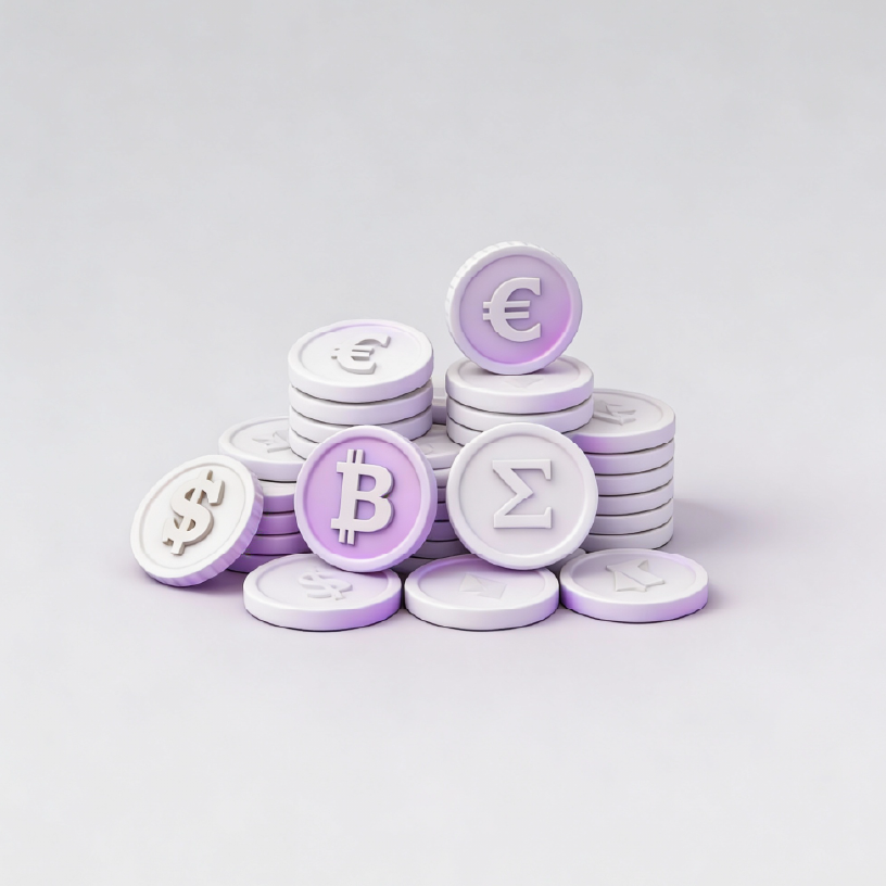 Piles of stylized coins with symbols for Bitcoin, Euro, dollar. Hercules FX