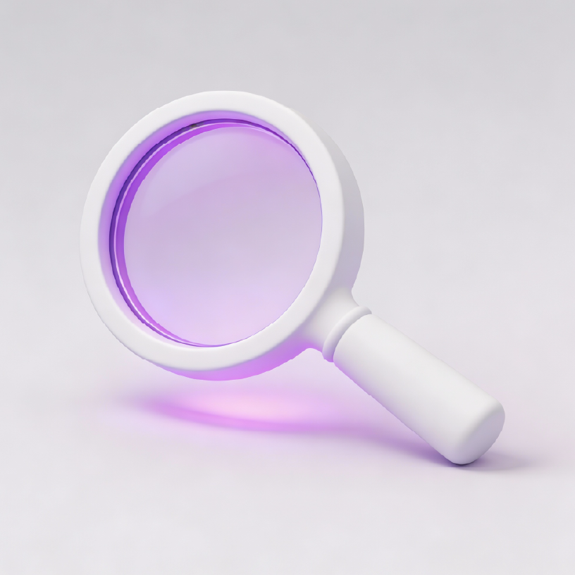 White magnifying glass with a purple lens and handle, resting on a light surface. Hercules FX