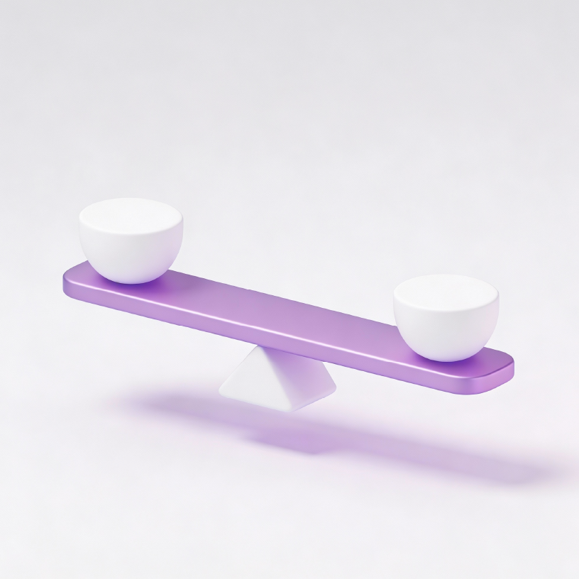 Purple seesaw balanced with two white bowls. Hercules FX